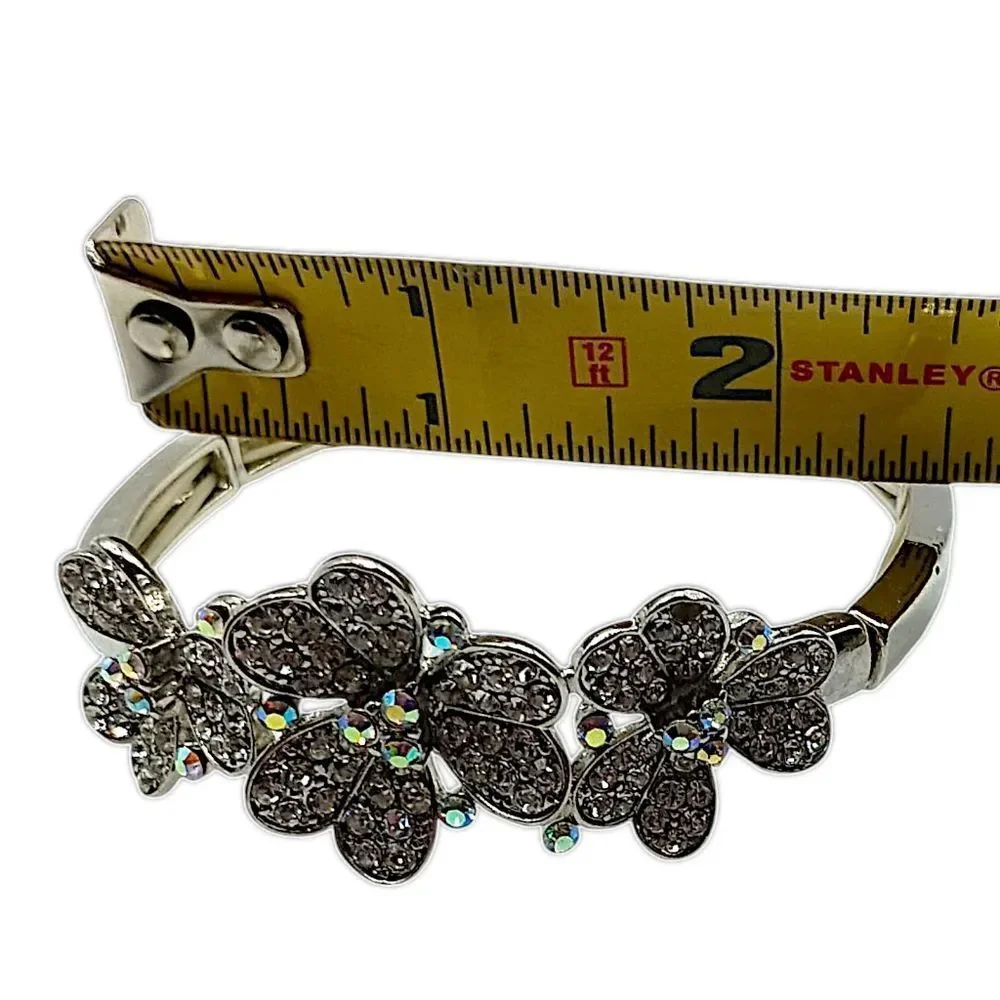 Flower Rhinestone Bracelet Stretch Aurora Borealis‎ Silver Tone Fairy Whimsigoth